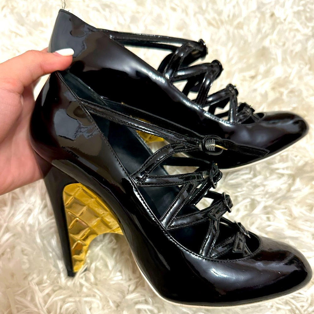 Chanel Black & Gold Lace Up Bootie Heels